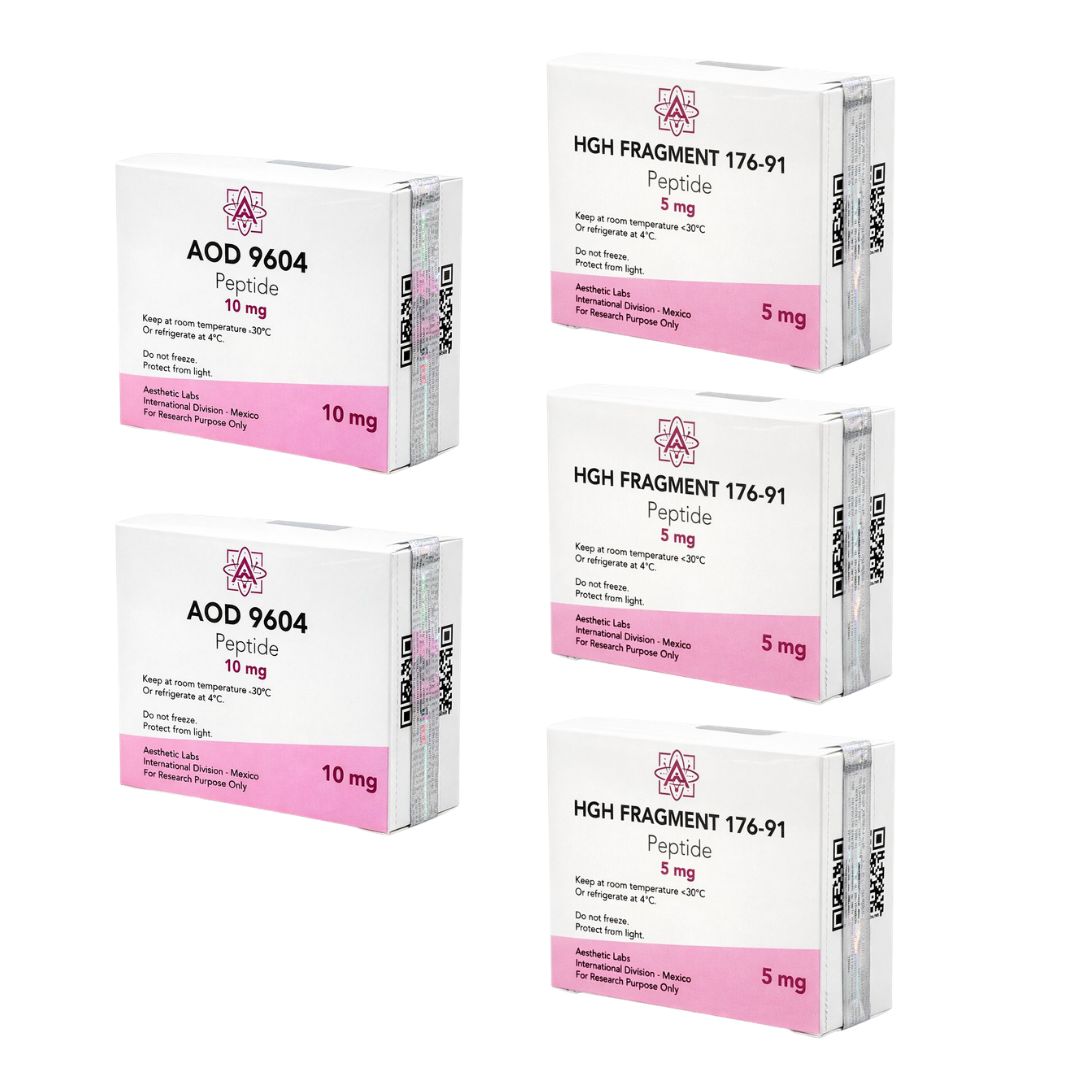 Kit de viales liofilizados Aesthetic Labs incluyendo AOD 9604 10mg y HGH Fragment 5mg, material para investigación de laboratorio de 8 semanas.