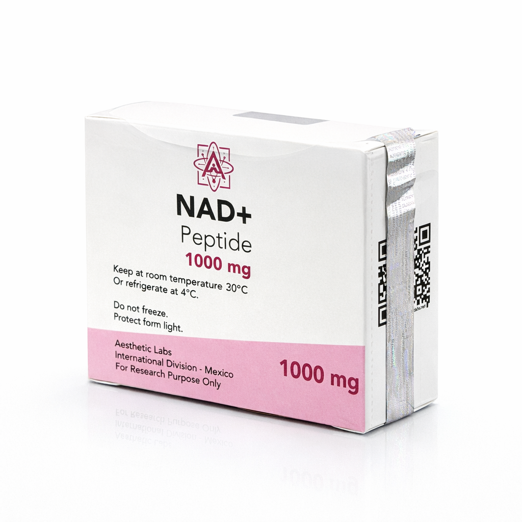 Vial liofilizado de 1000mg NAD+ con kit de dilución profesional Aesthetic Labs para protocolos de salud celular.