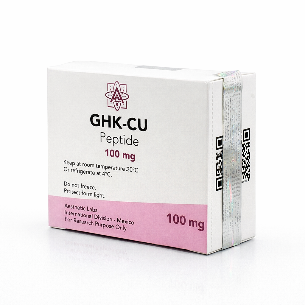 Vial liofilizado de color azul intenso Serie-G con kit de dilución profesional Aesthetic Labs para protocolos de investigación dermatológica.
