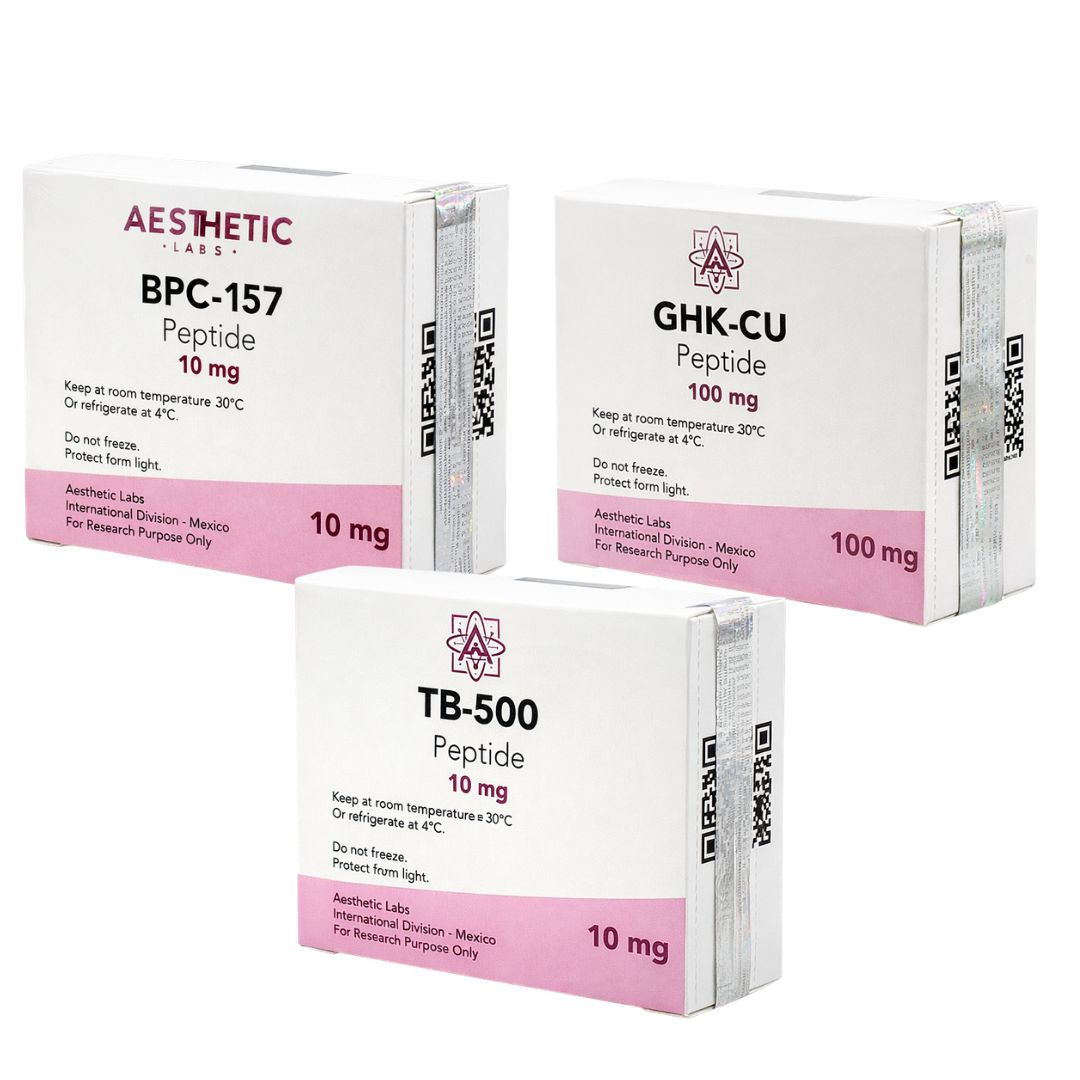 Set de tres viales liofilizados (incluyendo el vial azul de GHK-Cu) con diluyentes de Aesthetic Labs para protocolos de investigación en restauración tisular.