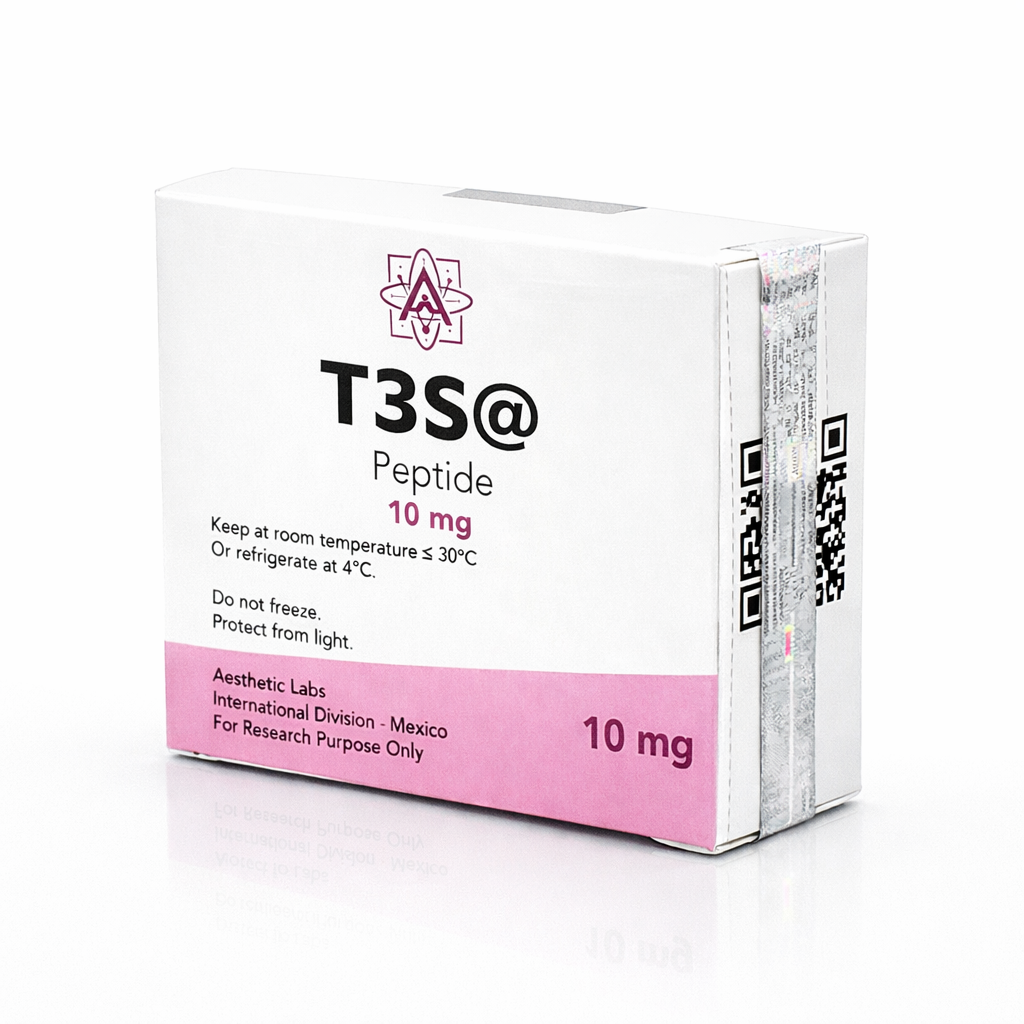 Vial liofilizado de 10mg Serie-T7 con kit de dilución profesional de Aesthetic Labs para protocolos de investigación en biotecnología celular."