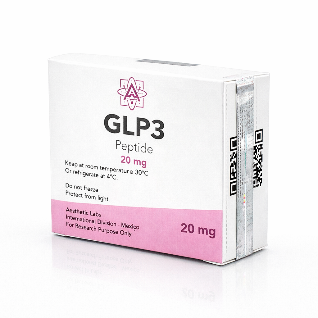 Vial liofilizado de 20mg Serie-R3 con kit de dilución profesional de Aesthetic Labs para protocolos de investigación en biotecnología metabólica.