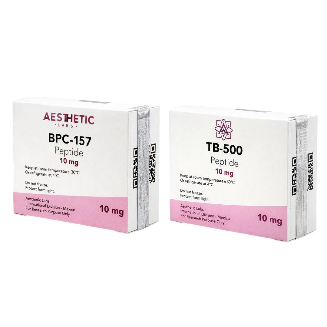 Set de dos viales liofilizados de la línea Aesthetic Labs (B-157 y T4-Regen) con diluyentes para protocolos de investigación en regeneración física.